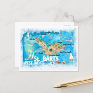 St Barts Antilles Illustrated Caribbean Map Postcard