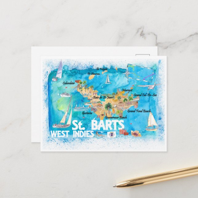 St Barts Antilles Illustrated Caribbean Map Postcard (Front/Back In Situ)