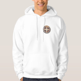St. Benedict Medal on White Hooded Sweatshirt