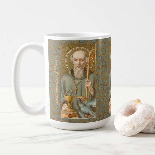 St. Benedict of Nursia (JM 07; Style 3) Coffee Mug (With Donut)