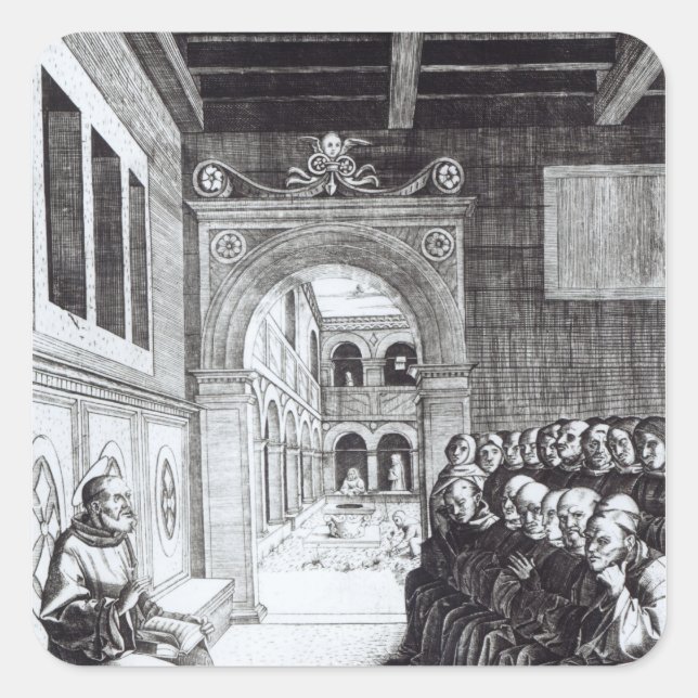 St. Benedict Preaching in the Monastery Square Sticker (Front)