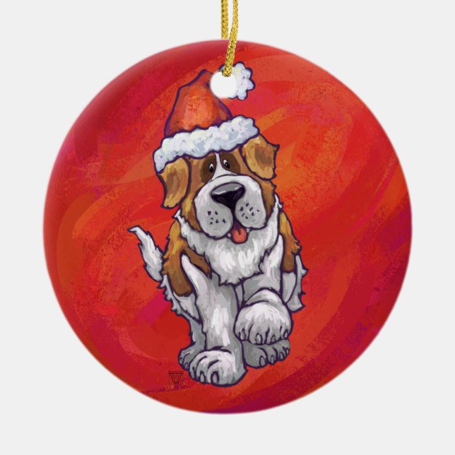 St. Bernard Christmas On Red Ceramic Tree Decoration (Front)