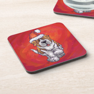 St. Bernard Christmas On Red Coaster