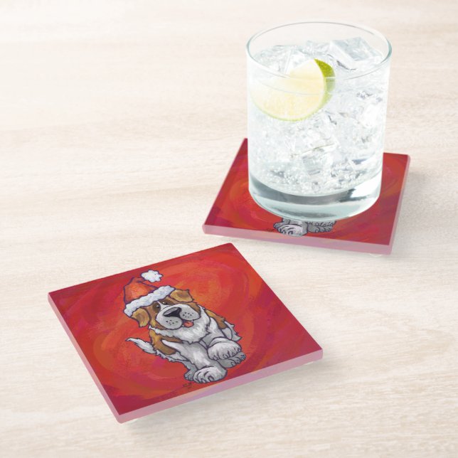 St. Bernard Christmas On Red Glass Coaster (Angled)