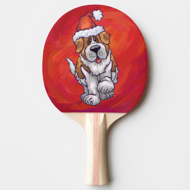 St. Bernard Christmas On Red Ping Pong Paddle (Front)