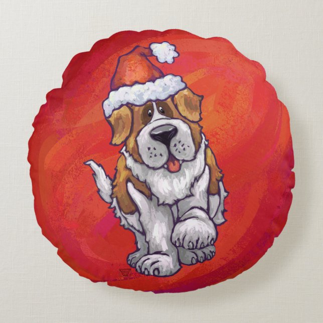 St. Bernard Christmas On Red Round Cushion (Front)