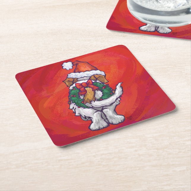St. Bernard Christmas On Red Square Paper Coaster (Angled)