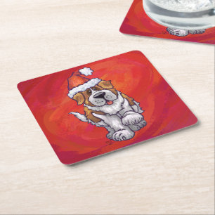 St. Bernard Christmas On Red Square Paper Coaster
