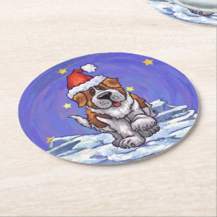 St. Bernard Christmas Round Paper Coaster