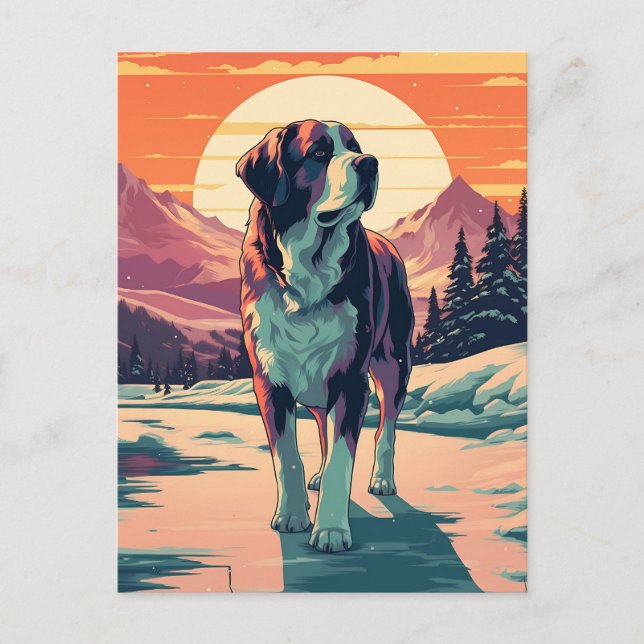 St.Bernard dog in the snowy forest during sunset Postcard (Front)