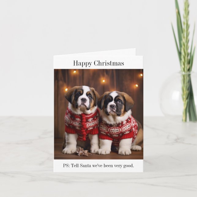 St Bernard Dog Puppies Christmas Card (Front)