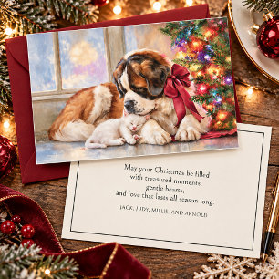 St. Bernard Dog White Kitten Fireplace Christmas Holiday Card