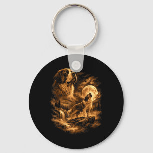 St Bernard Howling Moon Dog Fantasy Forrest Key Ring