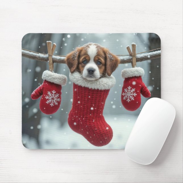 St. Bernard Puppy In Christmas Stocking Mouse Mat (With Mouse)