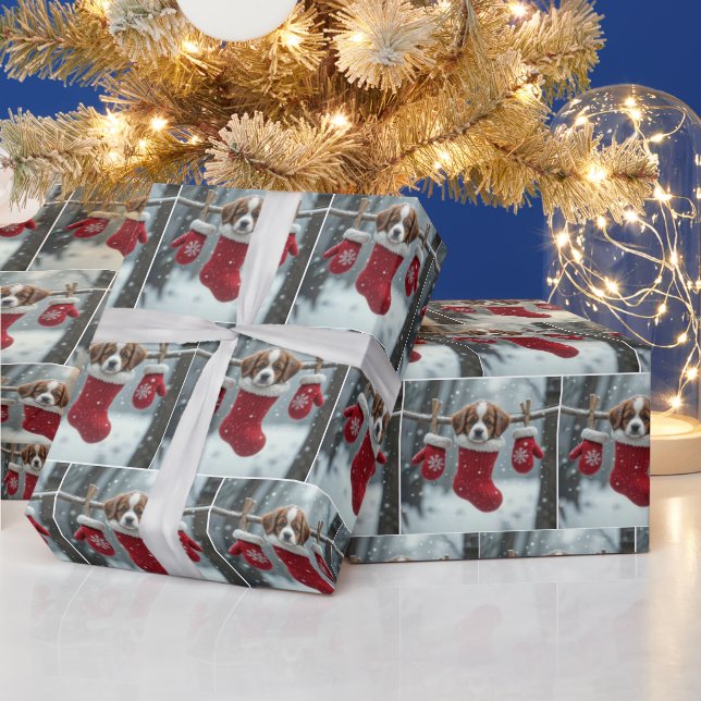 St. Bernard Puppy In Christmas Stocking Wrapping Paper (Holidays)