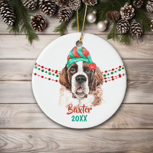 St Bernard Santa Hat Holiday String Beads Ceramic Tree Decoration