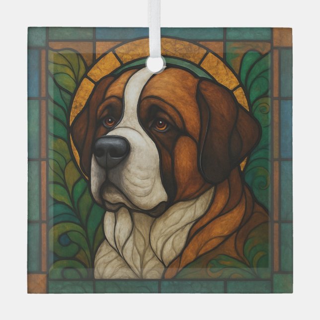 St. Bernard "Stained Glass"  Glass Tree Decoration (Front)