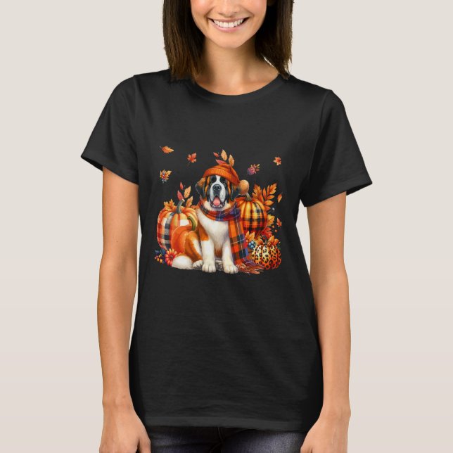St. Bernard Thanksgiving Leopard Pumpkins Fall Lea T-Shirt (Front)