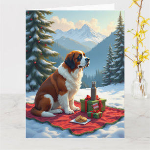 St. Bernard Winter Picnic Christmas Painting Card