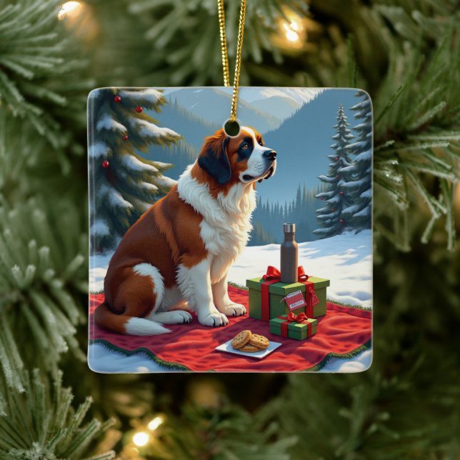 St. Bernard Winter Picnic Christmas Painting Ceramic Ornament (Tree)