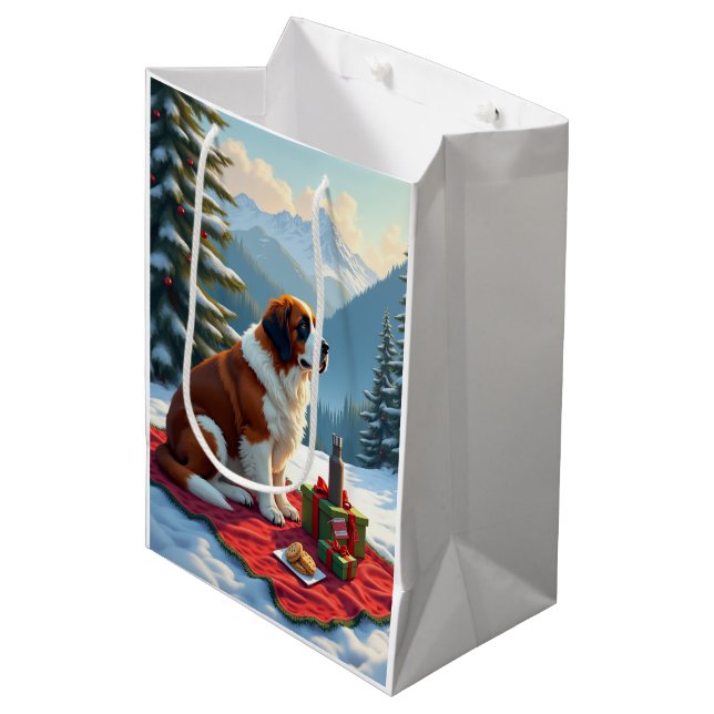 St. Bernard Winter Picnic Christmas Painting Medium Gift Bag (Front Angled)