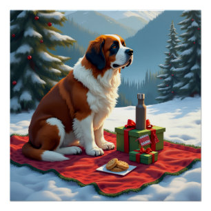 St. Bernard Winter Picnic Christmas Painting Poster