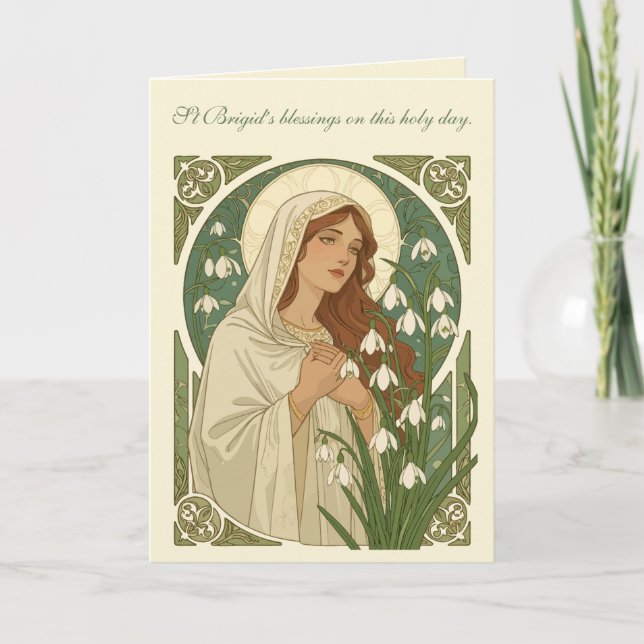 St Brigid Art Nouveau Halo and Snowdrops Card (Front)