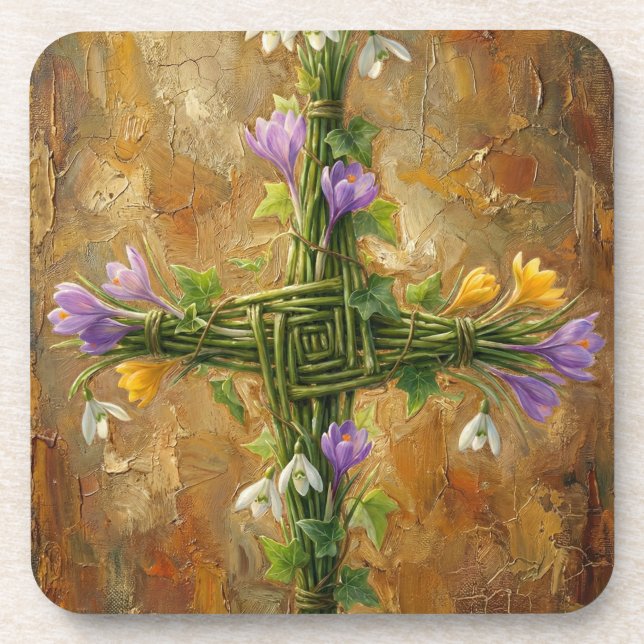 St Brigid Cross Green Rushes Crocus Imbolc Art Coaster (Front)