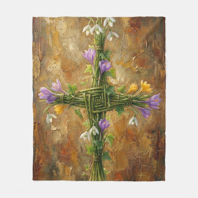St Brigid Cross Green Rushes Crocus Imbolc Art Fleece Blanket (Front)