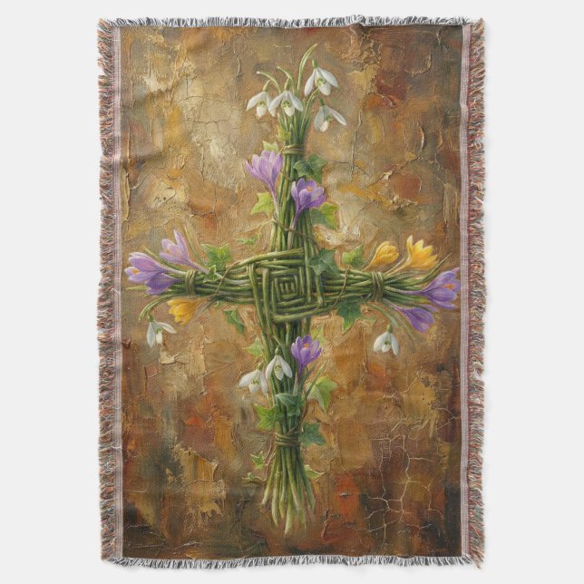 St Brigid Cross Green Rushes Crocus Imbolc Art Throw Blanket (Front Vertical)