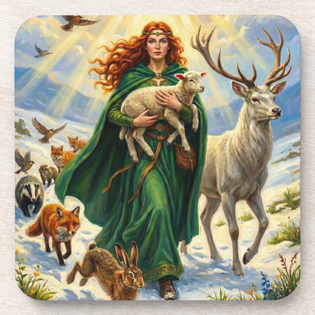St Brigid Spring Goddess Woodland Animals Imbolc Coaster (Front)