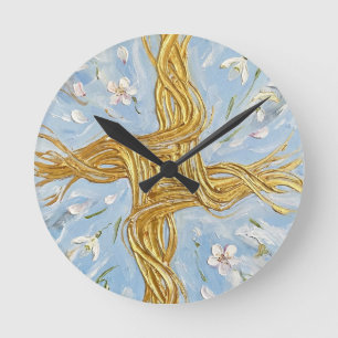 St Brigid's Cross Snowdrops Golden Imbolc Art Round Clock