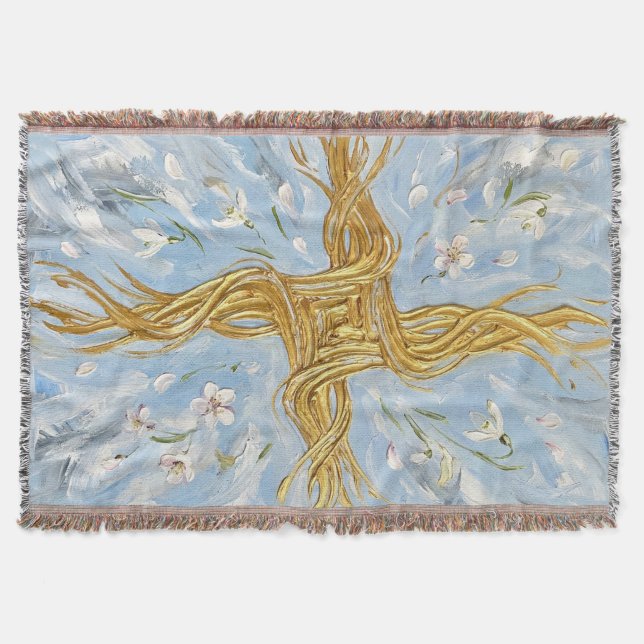 St Brigid's Cross Snowdrops Golden Imbolc Art Throw Blanket (Front)