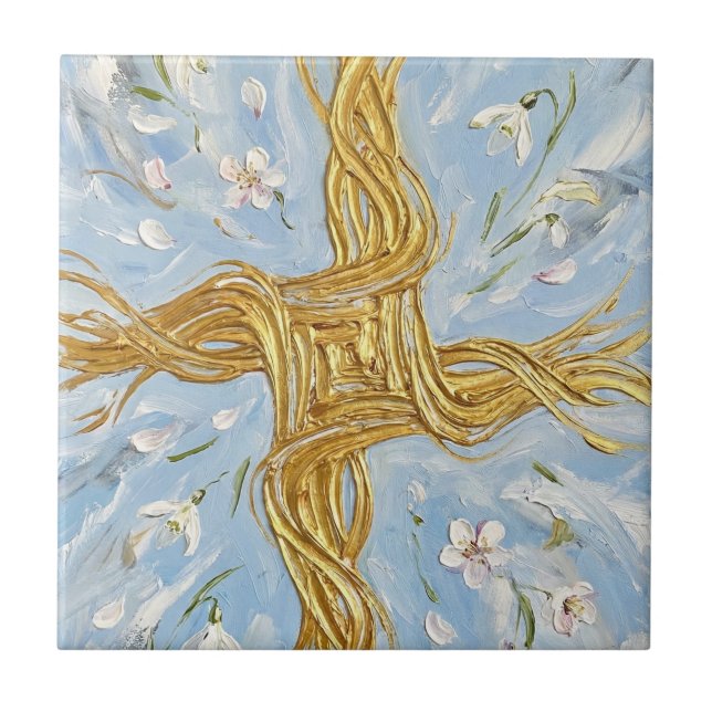 St Brigid's Cross Snowdrops Golden Imbolc Art Tile (Front)