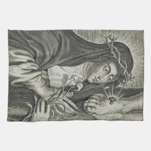 St. Catherine of Siena Crucifixion Art Noir Faith Tea Towel