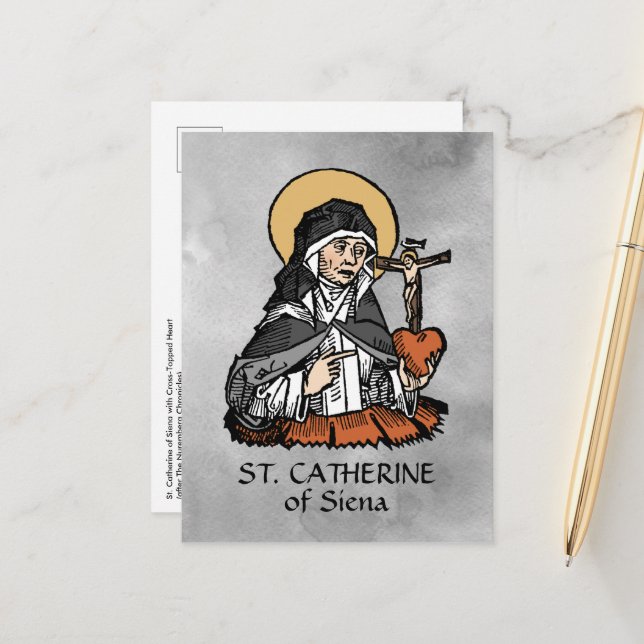 St. Catherine of Siena with Crucifix-Topped Heart  Postcard (Front/Back In Situ)