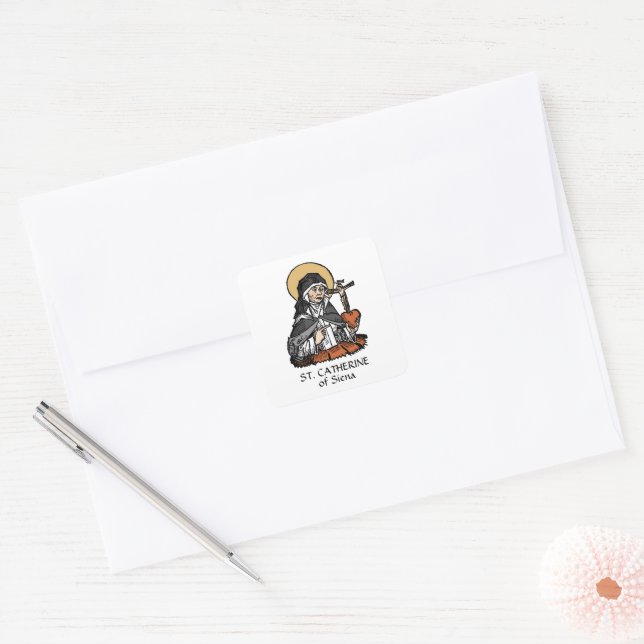 St. Catherine of Siena with Crucifix-Topped Heart  Square Sticker (Envelope)