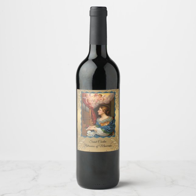 St. Cecilia Patron of Musicians Gold Elegant Wine Label (Front)