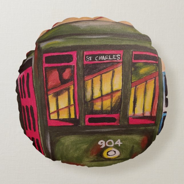 St. Charles Avenue Streetcar New Orleans Round Cushion (Front)