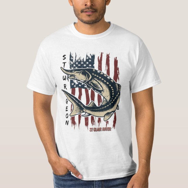 St Clair River Sturgeon Fish with Flag Shirt (Front)