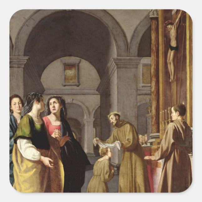 St. Clare Receiving the Veil from St. Francis Square Sticker (Front)