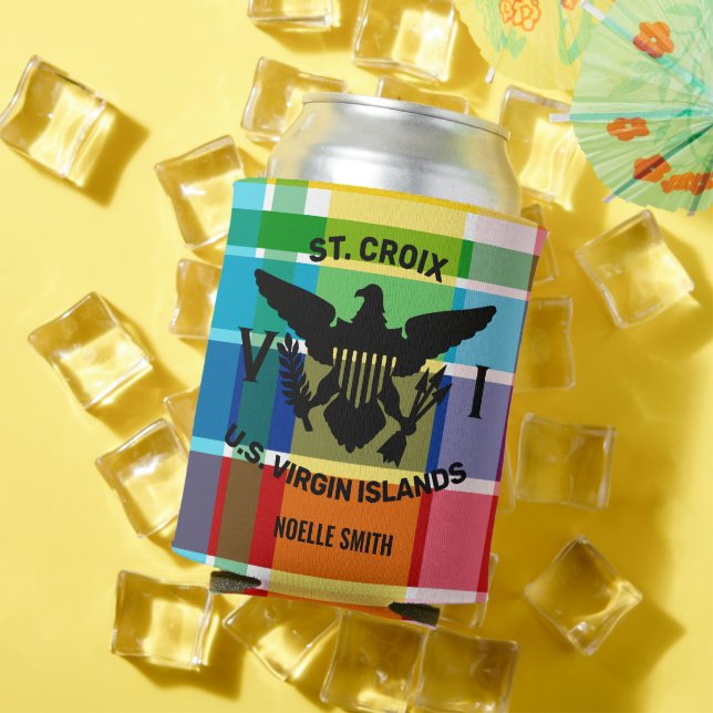 St. Croix, U.S. Virgin Islands Flag (Black) Madras Can Cooler (In Situ Summer)