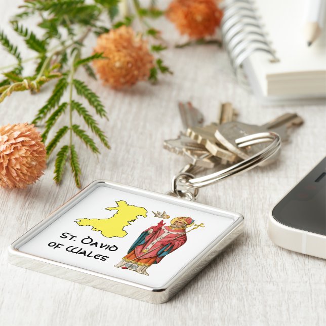 St. David of Wales (P 001) with Outline Map Key Ring (Side)