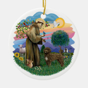St Francis -  Brown Portuguese Water Dog Ceramic Tree Decoration