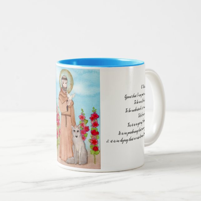 St. Francis Coyote Saint of Assisi Prayer Two-Tone Coffee Mug (Front Right)