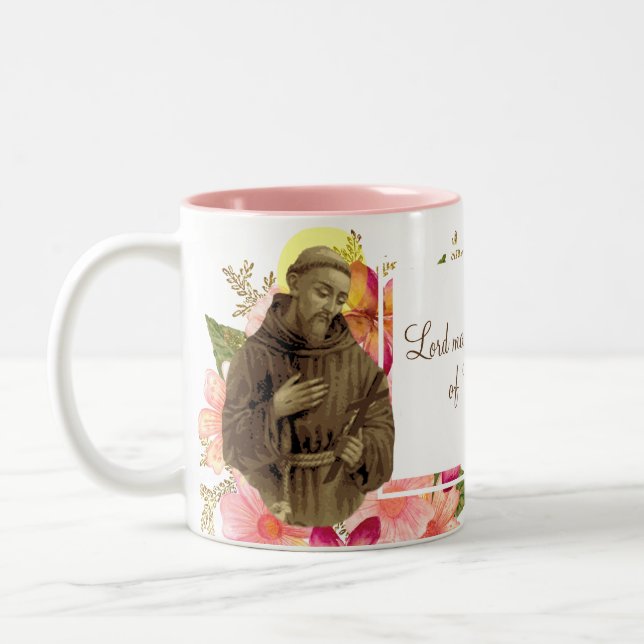 St. Francis of Assisi Lover of Animals Peace Pray Two-Tone Coffee Mug (Left)