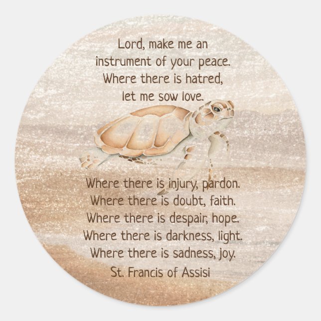 St. Francis of Assisi Prayer Sea Turtle Art Classic Round Sticker (Front)