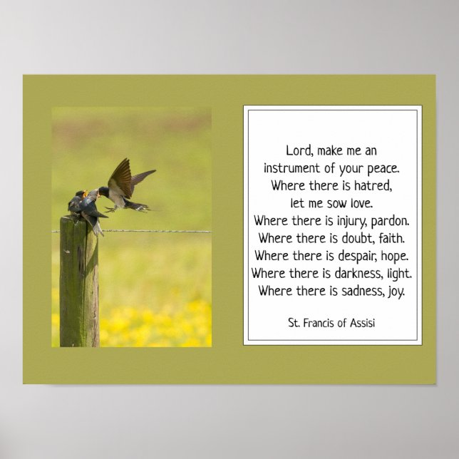 St. Francis of Assisi Prayer with Bird Family Poster (Front)