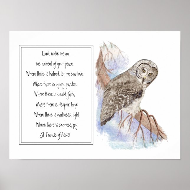 St. Francis of Assisi Prayer with Owl Bird Poster (Front)