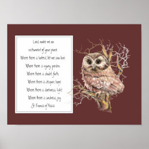 St. Francis of Assisi Prayer with Wise Owl Bird Poster
